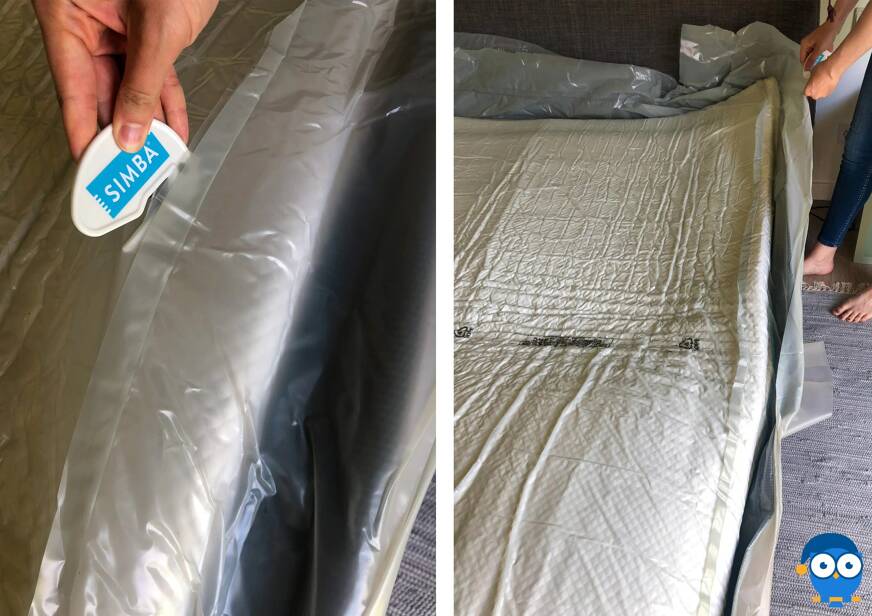 Cutting the plastic packaging of the Simba Hybrid Luxe